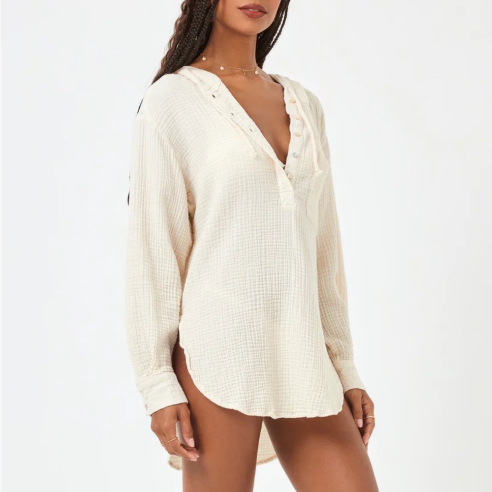 L*Space SONORA TUNIC Cream Swim Coverup shirt dress cotton hood